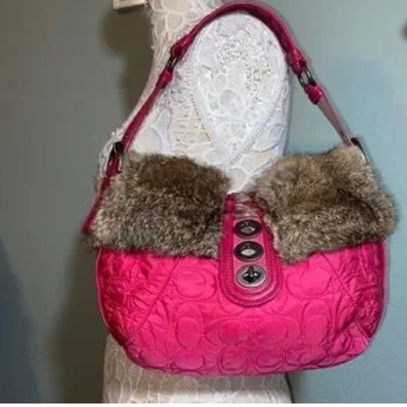 Coach Soho Quilted Nylon Rabbit Fur Trim Satchel Purse - Picture 1 of 11